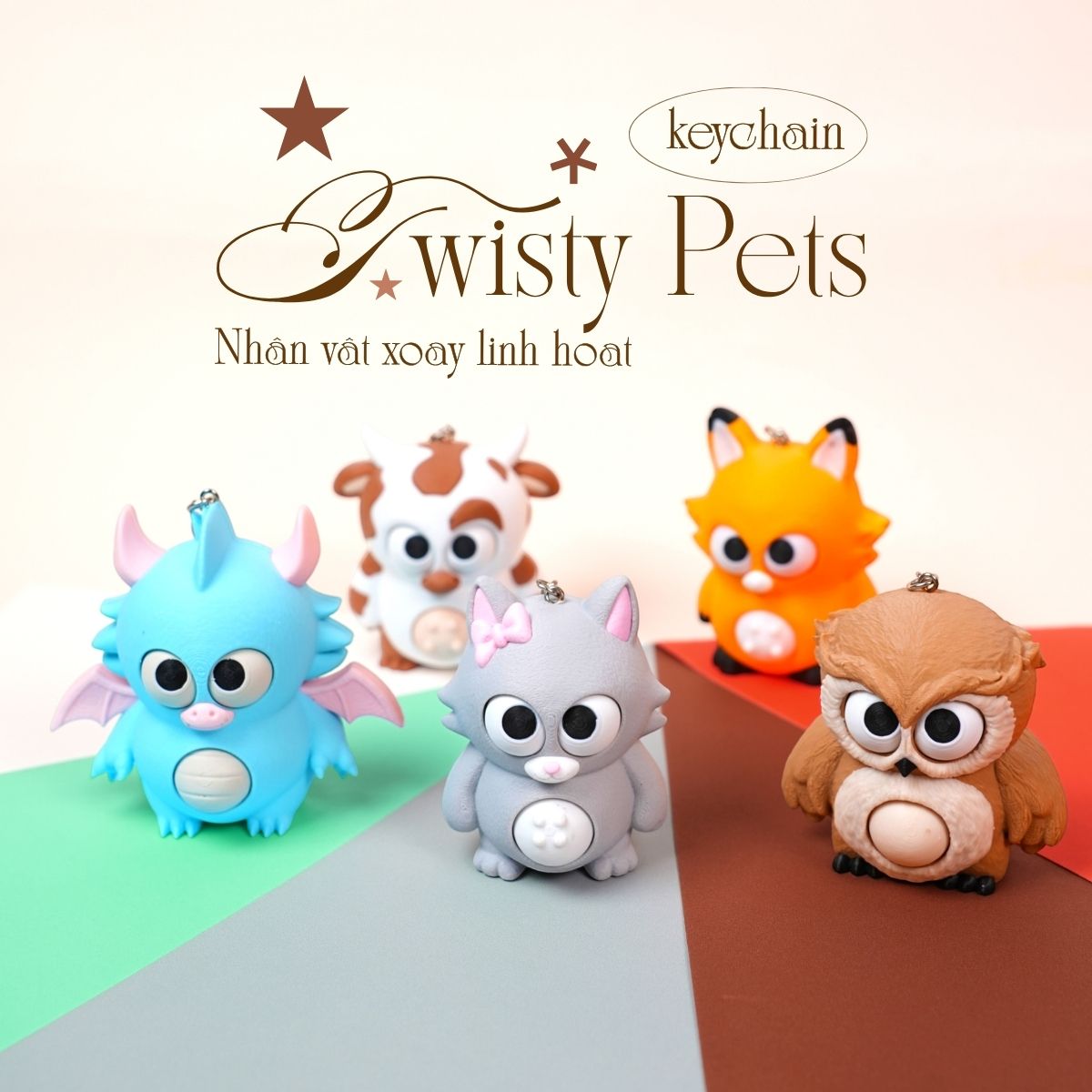 Móc Khóa Twisty Pets – Mắt & Bụng Xoay Linh Hoạt