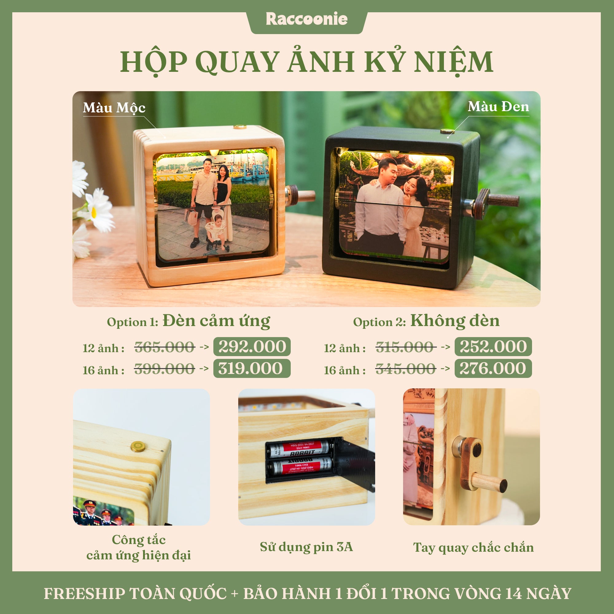 Hộp quay ảnh kỷ niệm - flip photo box - tích hợp đèn LED - in hình ảnh theo yêu cầu - Raccoonie