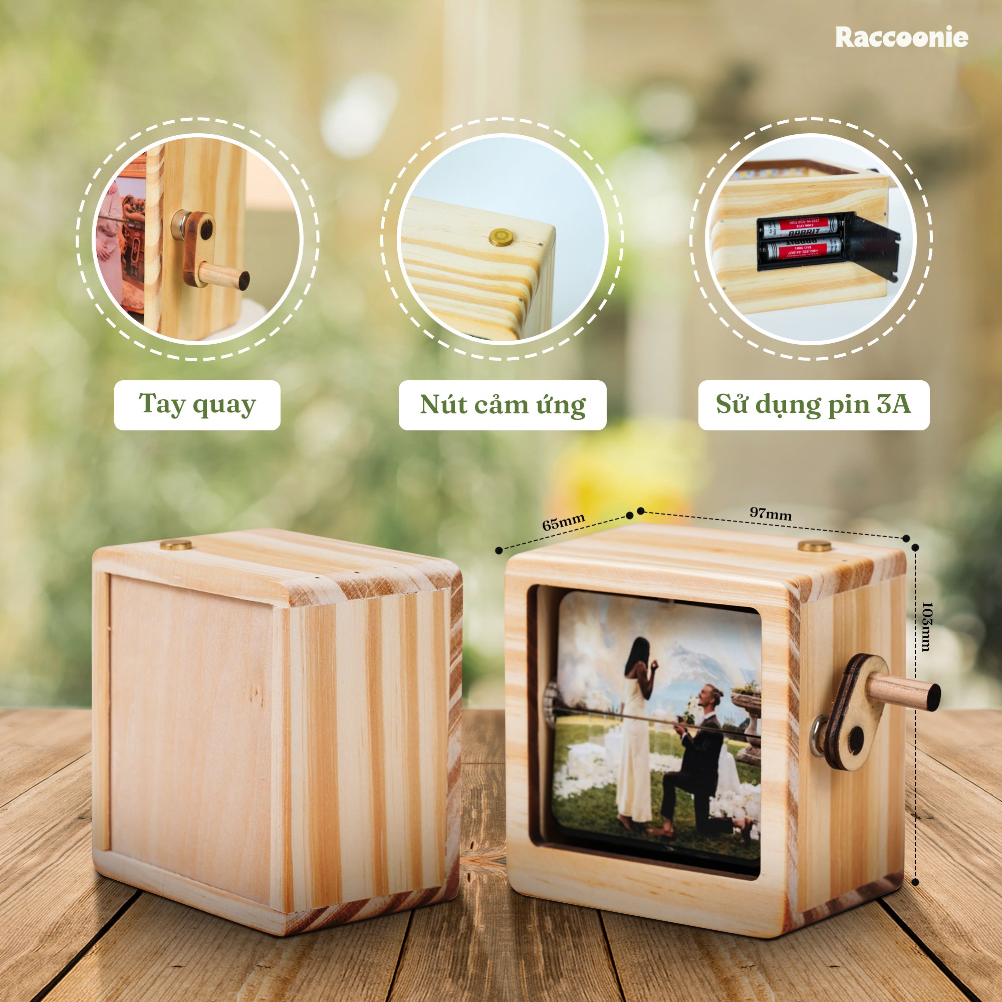 Hộp quay ảnh kỷ niệm - flip photo box - tích hợp đèn LED - in hình ảnh theo yêu cầu - Raccoonie